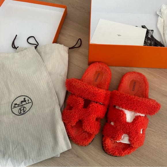 Hermes Shoes - Hermes Orange Shearling Chypre Sandals Sz 40.5